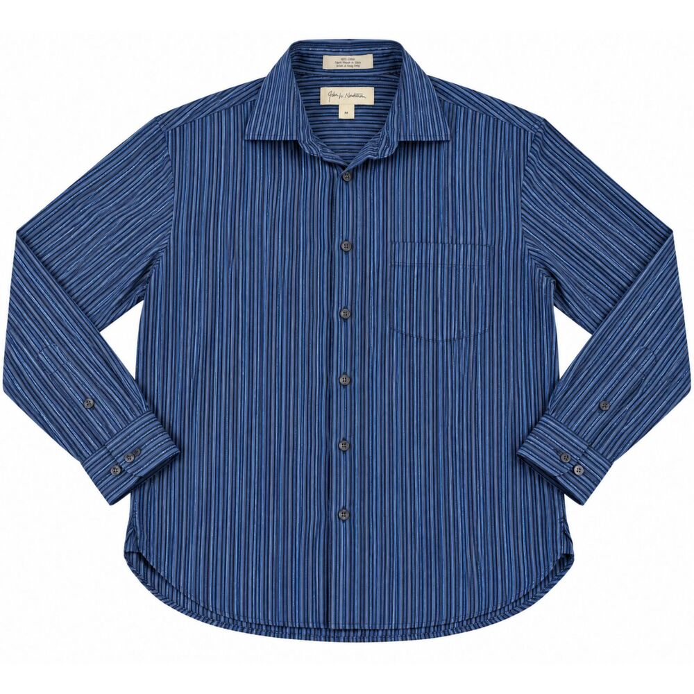 John W Nordstrom Vintage Men's Medium Blue Striped Cotton Dress Shirt Hong Kong